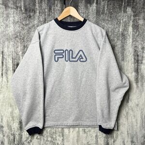Vintage Y2K FILA Sweatshirt Men's Large Grey Crewneck Spell Out Embroidered